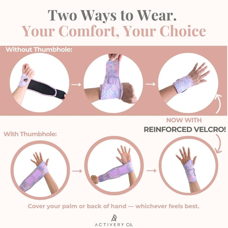 Activery Co Carpal Tunnel Wrist Brace Left Hand, Right Hand for Women, Day or Night Compression Wrist Support Brace for Fitness, Keyboard Use, or Overnight Support, 2 Pack, Purple Tie Dye Print - Image 4